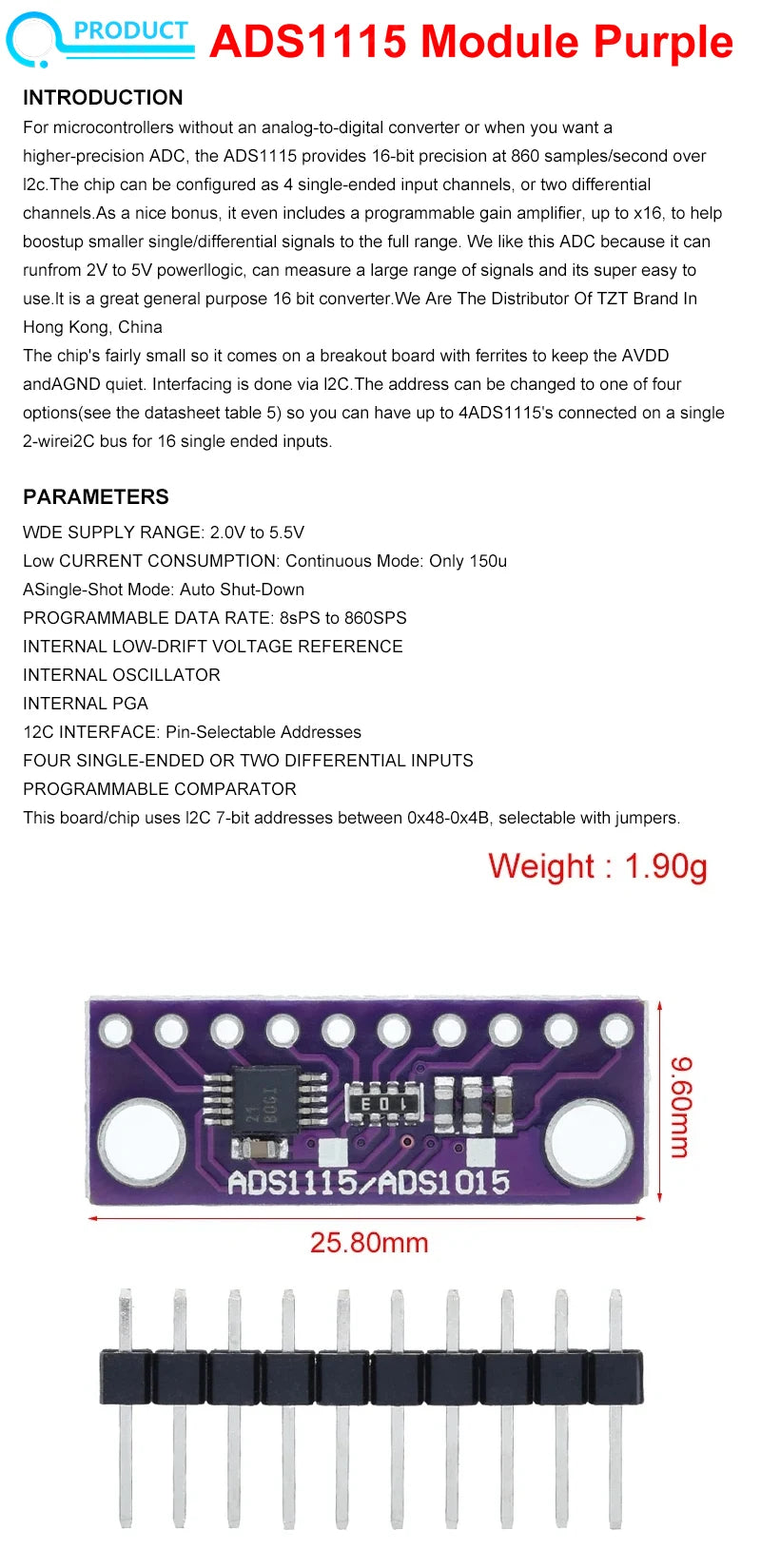 I2C ADS1115 ADS1015 16 Bit ADC 4 channel Module with Programmable Gain Amplifier 2.0V to 5.5V RPi