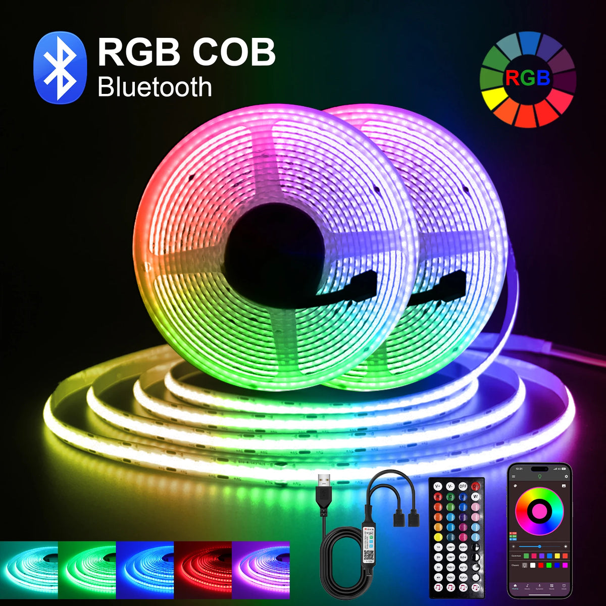 5V RGB COB LED Strip 576LEDs/m Bluetooh App IR Remote Control USB RGB LED Strip Flexible Tape for TV Backlight Room Decoration