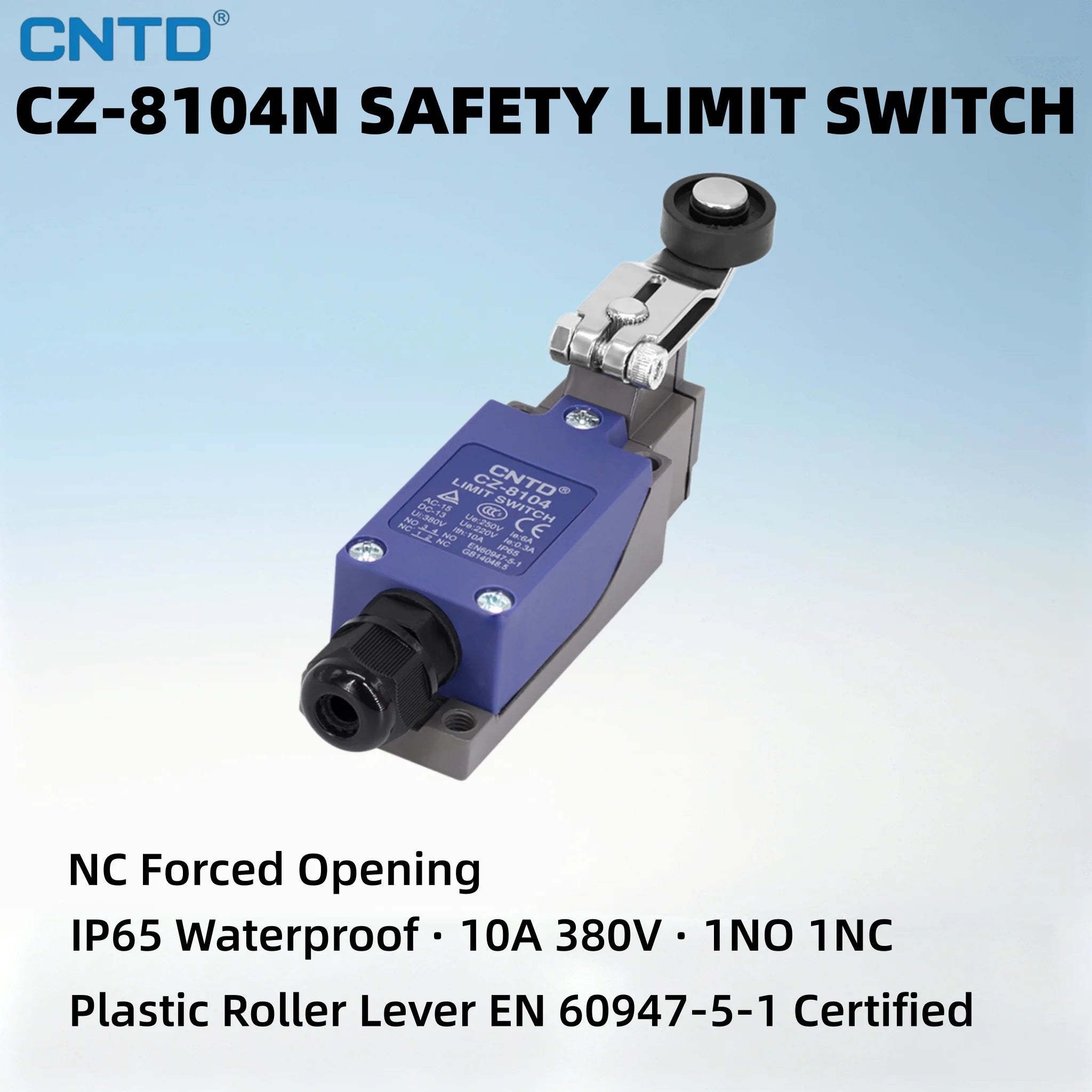 CNTD CZ-8104N Safety Limit Switch IP65 Waterproof 10A 380V 1NO 1NC Plastic Roller Lever Vertical Travel Switch Industrial