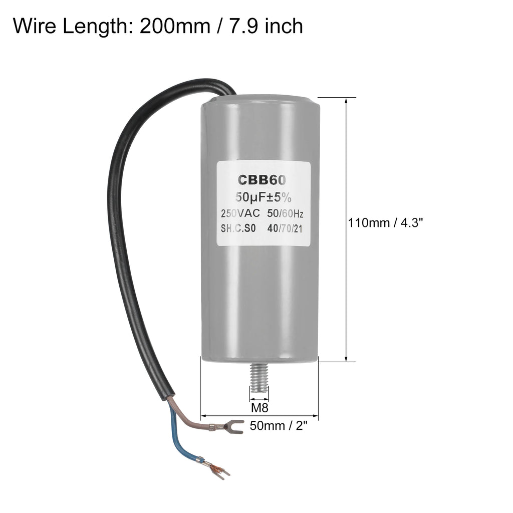 1Pcs CBB60 Run Capacitor 30-50uF 250V AC 2Wire 50/60Hz Cylinder with Terminal M8 Fixing Stud for Air Compressor Water Pump Motor