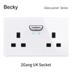 146 13a Reset Toggle Tempered Glass 2Gang UK Socket Switch Combination Panel Power Socket Office Hotel Home Villa Decoration