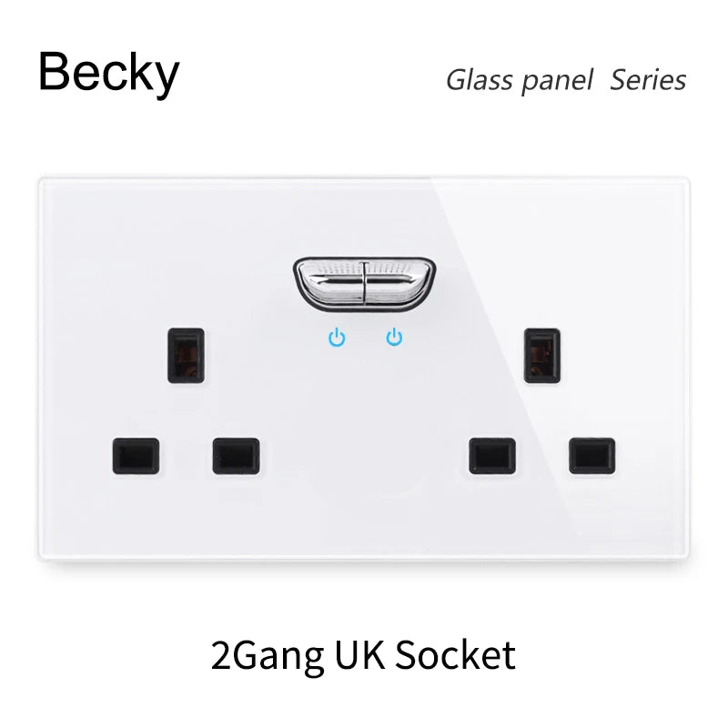 146 13a Reset Toggle Tempered Glass 2Gang UK Socket Switch Combination Panel Power Socket Office Hotel Home Villa Decoration