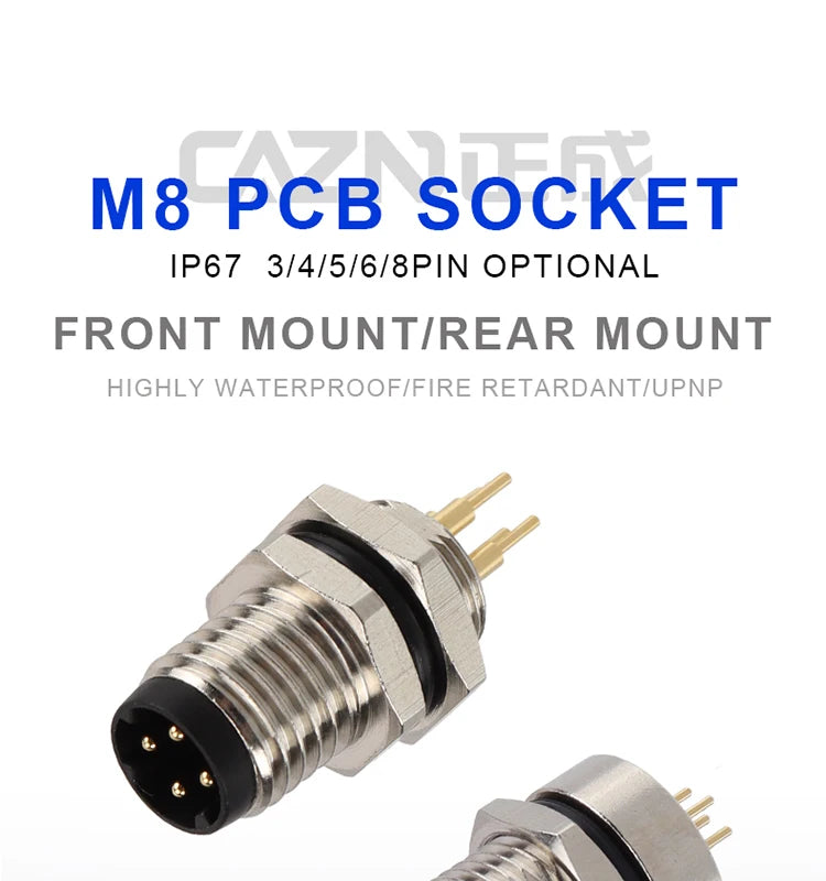 CAZN M8 Welding Panel Connector Male Female Back Mount Socket SMD 3 4 5 6 8 Core Angle Pin Male and Female Socket