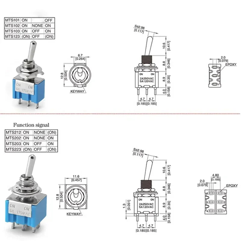 10Pcs Miniature Toggle Switch ON-OFF-ON Mini Button Rocker Power Switch 3Pin 6Pin ON-OFF MTS-102 MTS-103 MTS-202 MTS-203