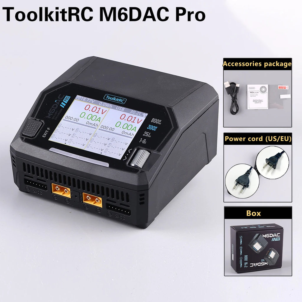 ToolkitRC M6DAC PRO V2 Dual Channel Smart Lipo Battery Charger Discharger AC 200W DC 800W 16A for 1-6S LiHV LiPo PD65W FPV Drone