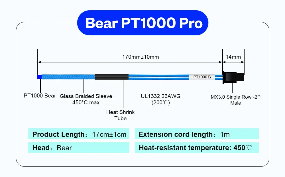 BLV® PT1000 Thermistor M3 M4 Bear 3x15mm PT1000 Pro High Temperature Resistance 450℃ For Rapido Hotend Dragon Hotend