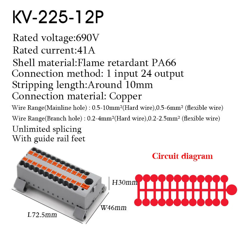 1PC 225 Series Terminal Block One In Multiple Out Wire Electrical Connectors Plug-in Spliceable Splitter Guide Rail Junction Box