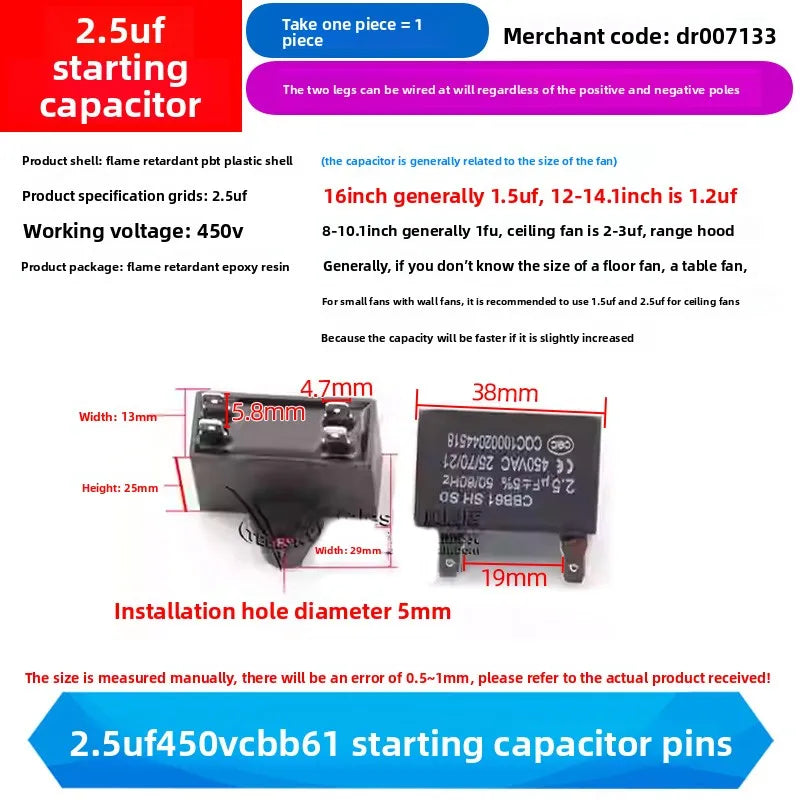 CBB61 Fan Air Conditioner Starting Capacitor 450V 1/1.2/1.5/2/2.5/3/3.5/4/4.5/5/6/7/8/10/12UF Ceiling Fan Hood Motor Capacitor