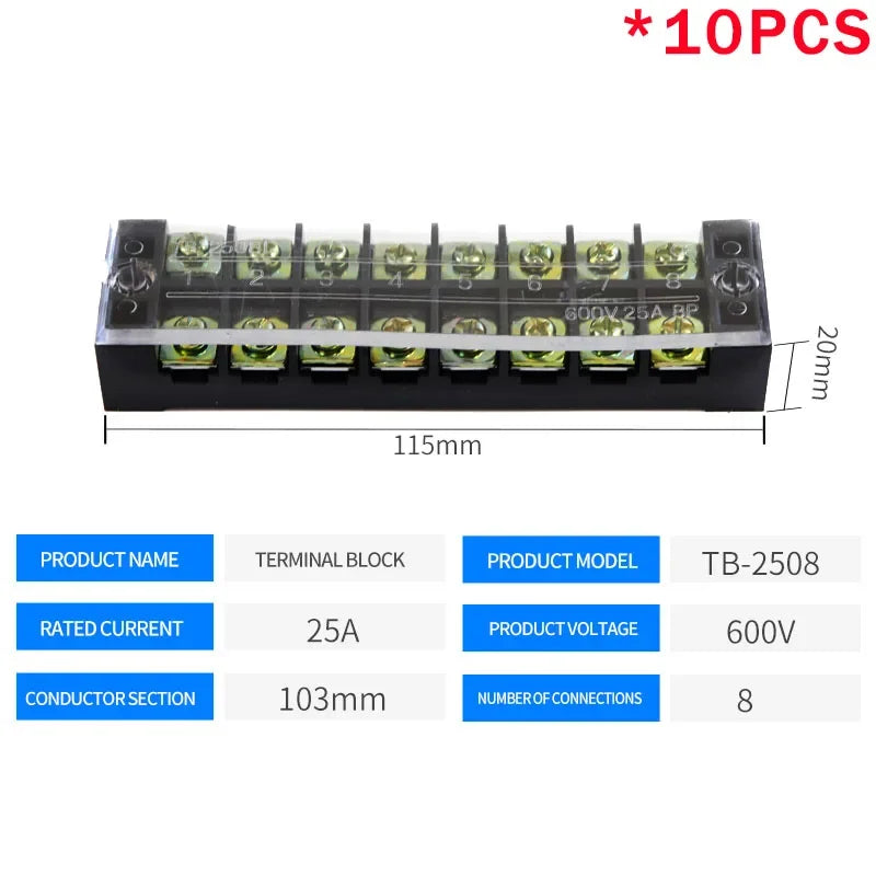 10PCS Dual Row Strip Screw Terminal Block Fixed Wiring Board Wire Connector TB-1503/TB-1506 15A TB-2503/TB2506 600V 15A