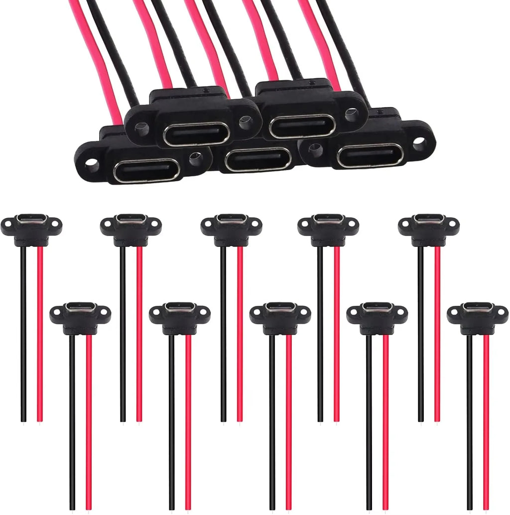 Waterproof USB Type C Female Socket, 2-Pin 3A Fast Charging Port, Direct Crimp Mount for Cable Repair & DIY Extension