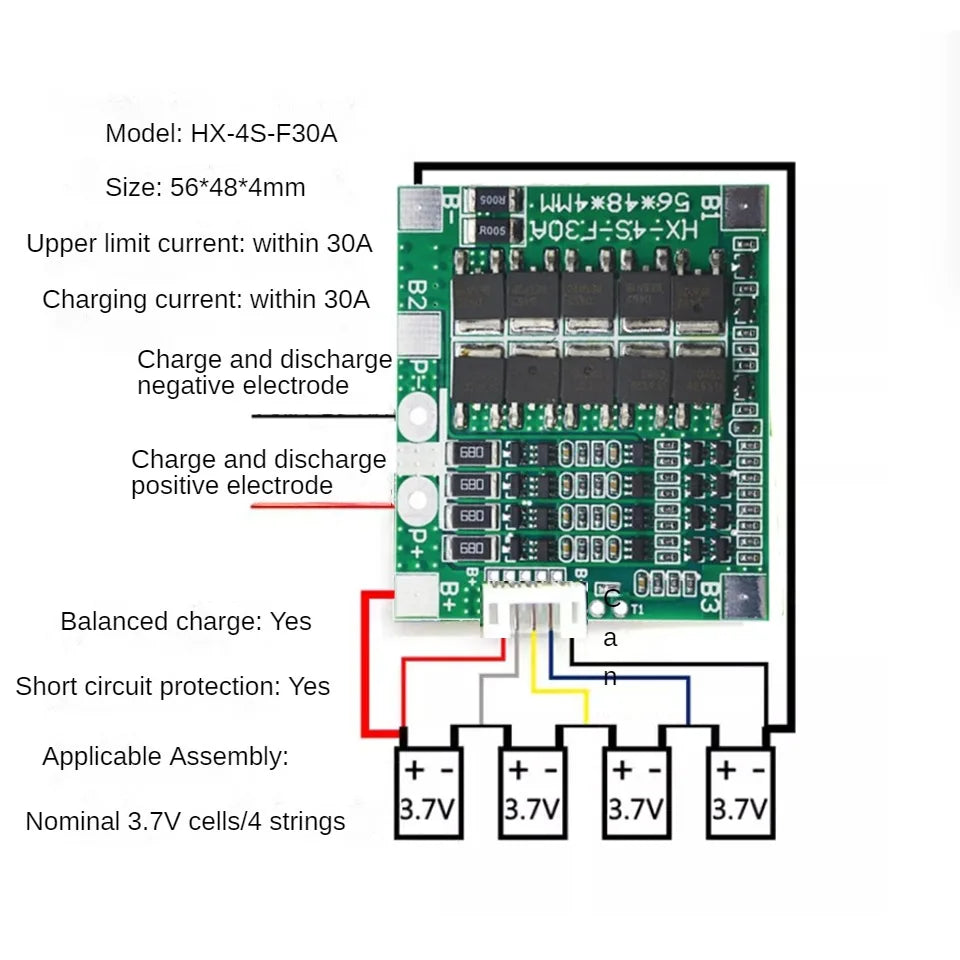 BMS 4S 3.2V 3.7V 30A LiFePO4 / Lithium Battery Charge Protection Board 12.8V 14.4V 18650 32650 Battery Packs With Balance
