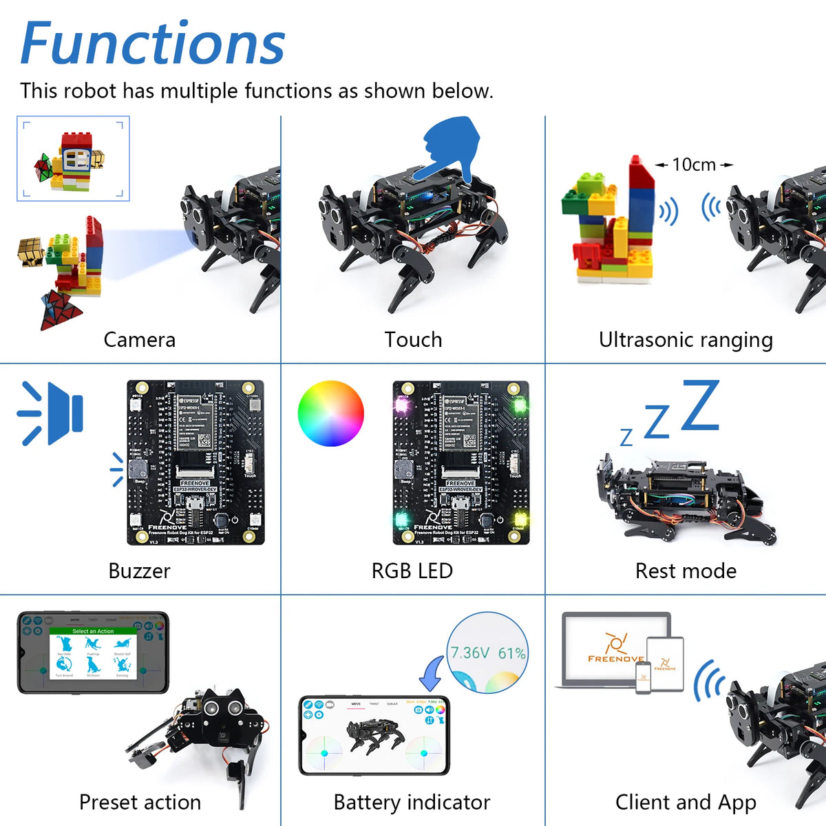 Freenove Robot Dog Kit for ESP32-WROVER CAM, Dual-core 32-bit 240MHz, Touch Sensor, Ultrasonic Ranging, Buzzer RGB LED Servo App