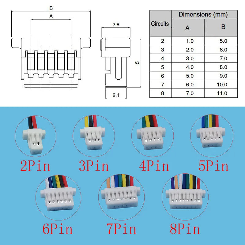 Mini JST SH 1.0mm Pitch Wire Connector SH 1mm Female Plug 2P/3/4/5/6/7/8-Pin Electronic DIY Terminals Wires Cable Length 10CM