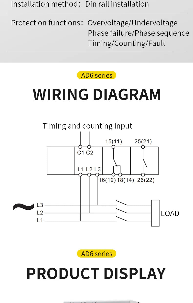 380V With LCD Backlight Display 3 Phase Din Rail Adjustable Under Over Voltage Protector Monitoring Sequence Protection Relay