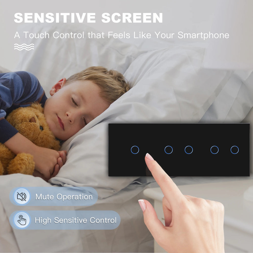BSEED Touch Switches 1/2/3Gang 1Way Wall Light Switches Blue LED Backlight Glass Sensor Screen Home Switches Black EU Standard