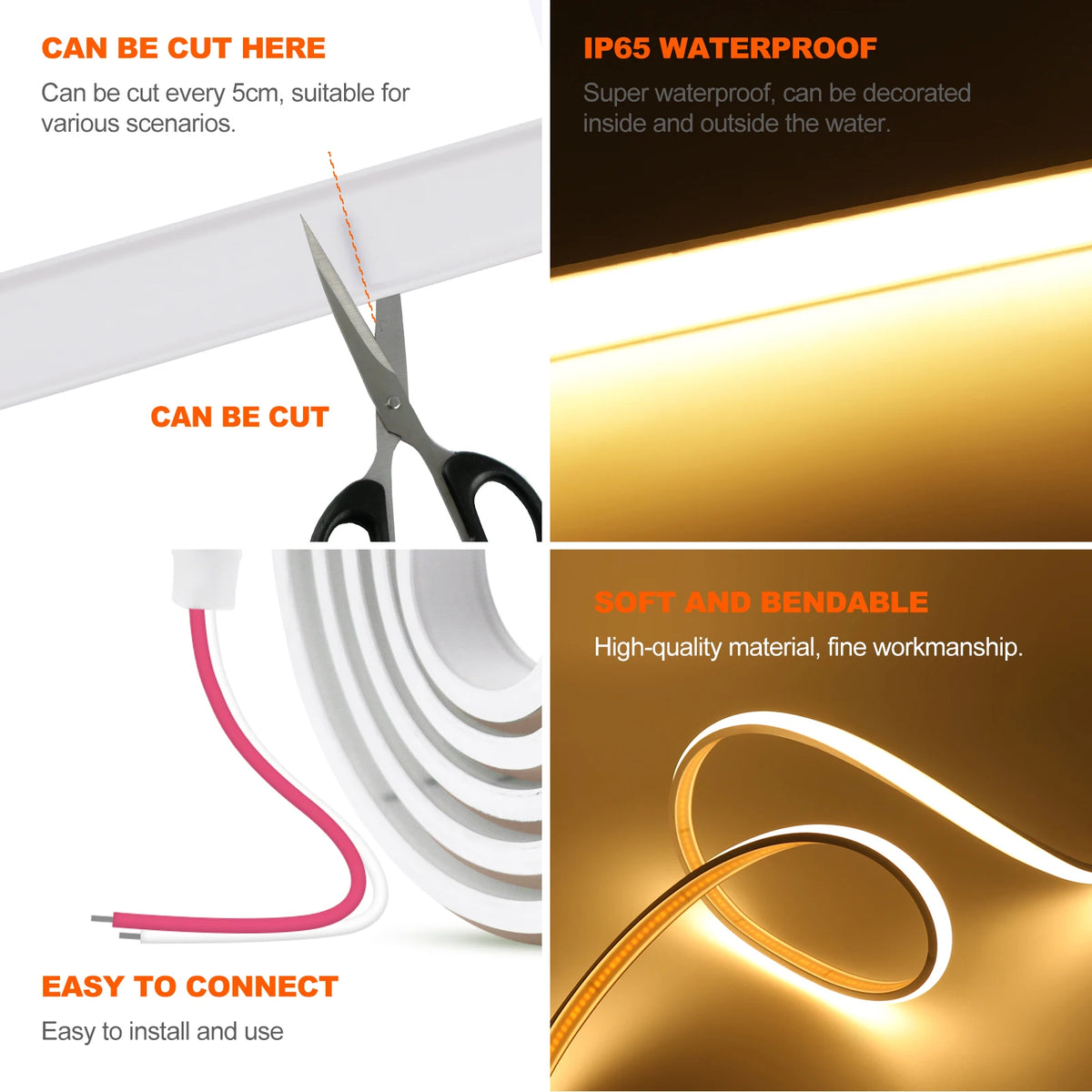 12V 24V 320Leds/M COB Neon Strip Waterproof 3000K 4000K 6000K Home Decor High Brighter Flexible Ribbon Rope LED Light 0.5M-20M