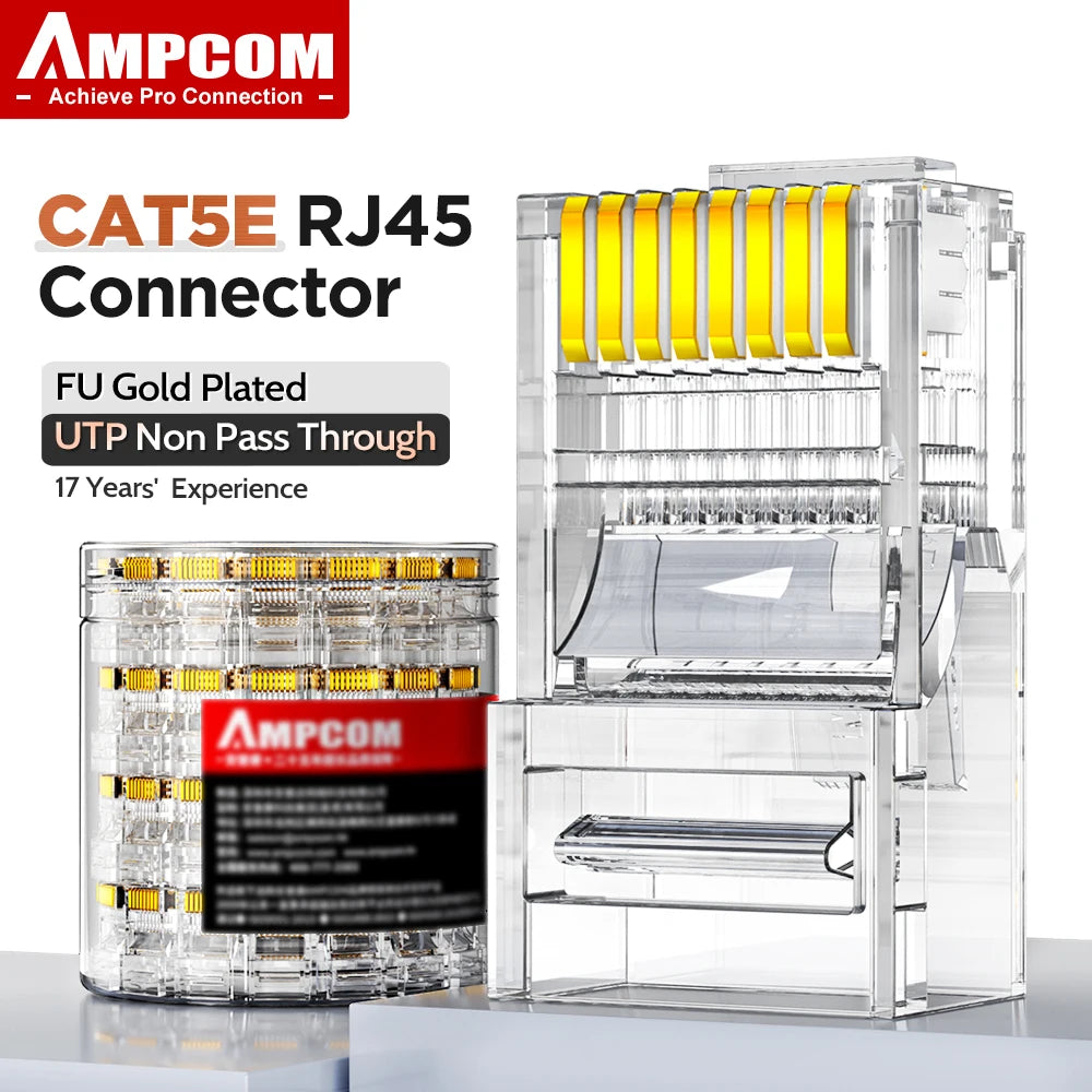 AMPCOM RJ45 Connector Pass Through CAT5E Modular Plug Network End UTP Fu Gold Plated 8P8C Crimp End For 24-28 AWG Ethernet Cable