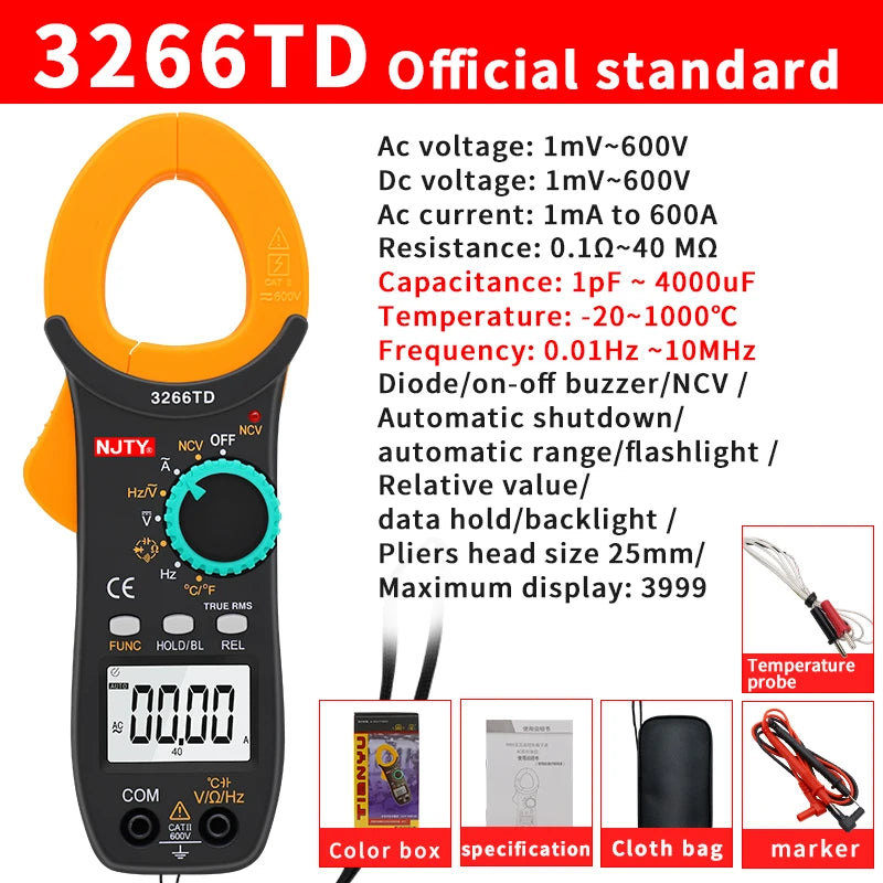 Digital Clamp Meter DC/AC Volt Amp Ohm Diode Multimeter Ammeter Multitester Current Voltage Resistance Tester NCV NJTY 3266TA