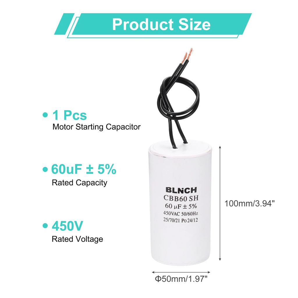 1/2Pcs CBB60 Running Capacitor 3-100uF 450V 2 Wire Electric Air Compressor Motor Run Starting Capacitor for Washing Machine