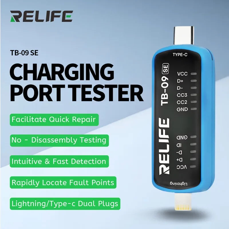 RELIFE TB-09 SE Charging Port Tester for Mobile Phone IP Android Repair Dual Plug Lightning Type C Interface Fast Fault Detector