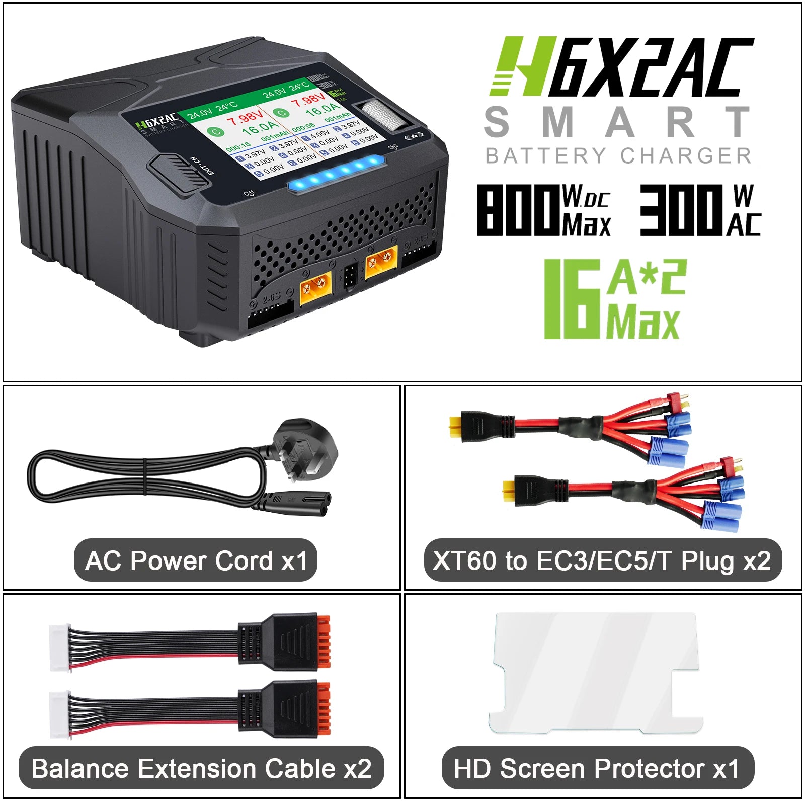 HTRC H6X2AC Dual Channel Battery Charger DC 400WX2 AC300W 16AX2 for 1S~6S Lipo Li-ion LiFe LiHV LTO NiMh RC Battery Fast Charge