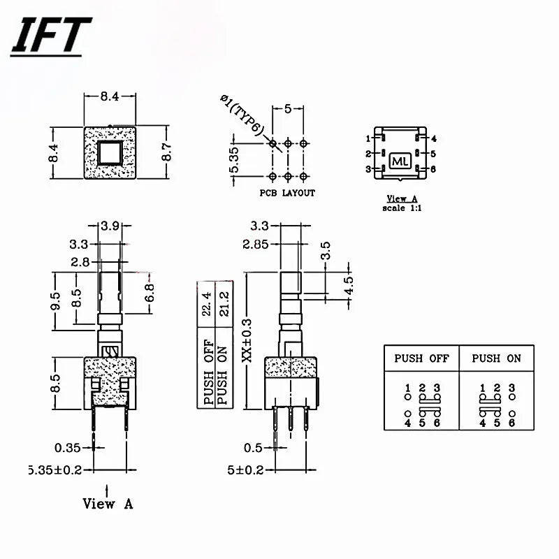 10pcs Free shopping 8.5*8.5 mm 6 Pin Mini Self-locking/Momentary Push Button Switch DIP DPDT Multimeter switch