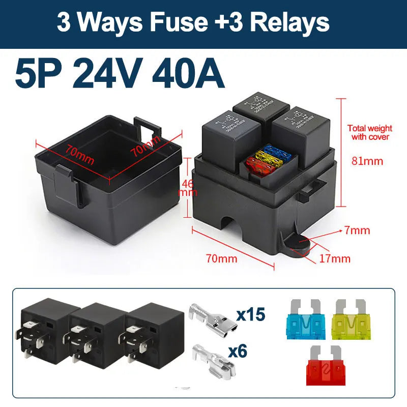 4/5P Relay Box with 12V/24V Auto Car Truck 3-Way Fuse Holder ATO Circuit 3 Blade Fuses for Car Boat Products
