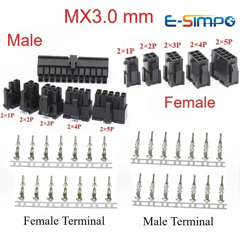 10PCS MX3.0 3.0mm Pitch Micro-Fit 3.0 Double Row Connector Housing 2*1/2/3/4/5/6-12Pin Male Female Housing Terminal 43030 43025