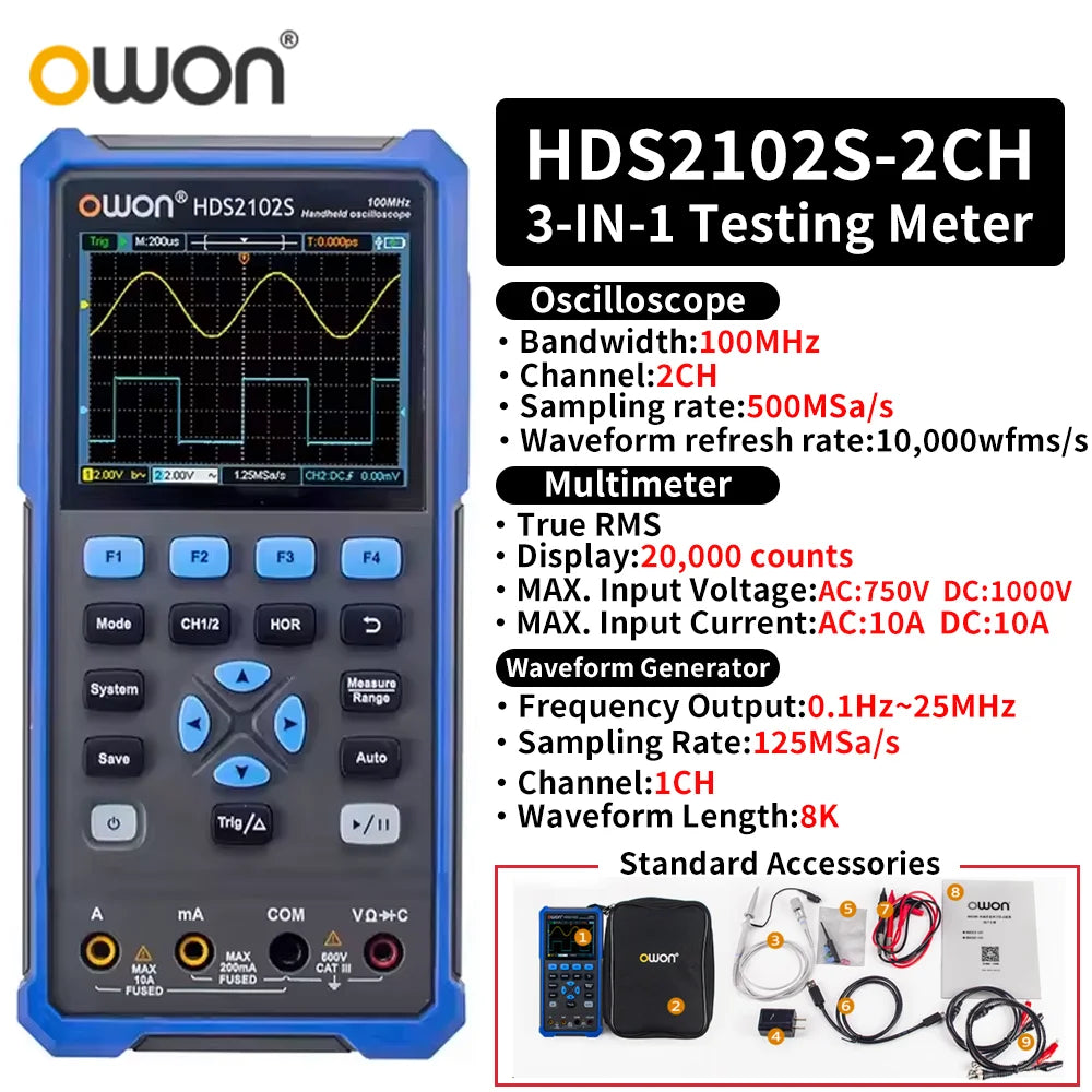 OWON HDS2102S/HDS272S/HDS242S Handheld 3-in-1 Digital Oscilloscope, Signal Generator, Multimeter | 100MHz Bandwidth, 2 Channels