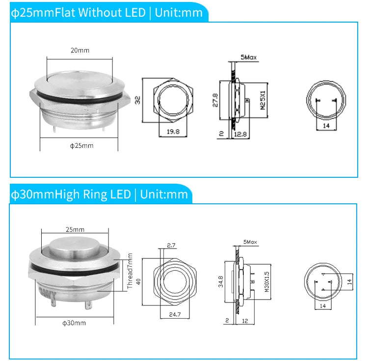 12mm 16mm 19mm 22mm Ultra-short Style Microtravel Stainless Steel Push Button Switch Led Lamp Self-reset/Momentary Normal Open