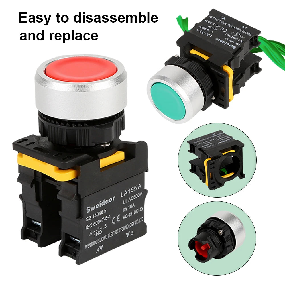 Waterproof Button Switch Momentary Self Reset Self Locking Flat Round Head 22mm Power Push Button Switch 10A 1NO 1NC Red Green