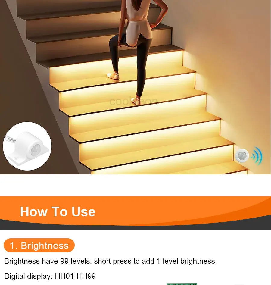 COB LED Strip PIR Motion Sensor Stair Lights Kit Step by Step Control Indoor Smart Staircase Lighting Controller with Main Line