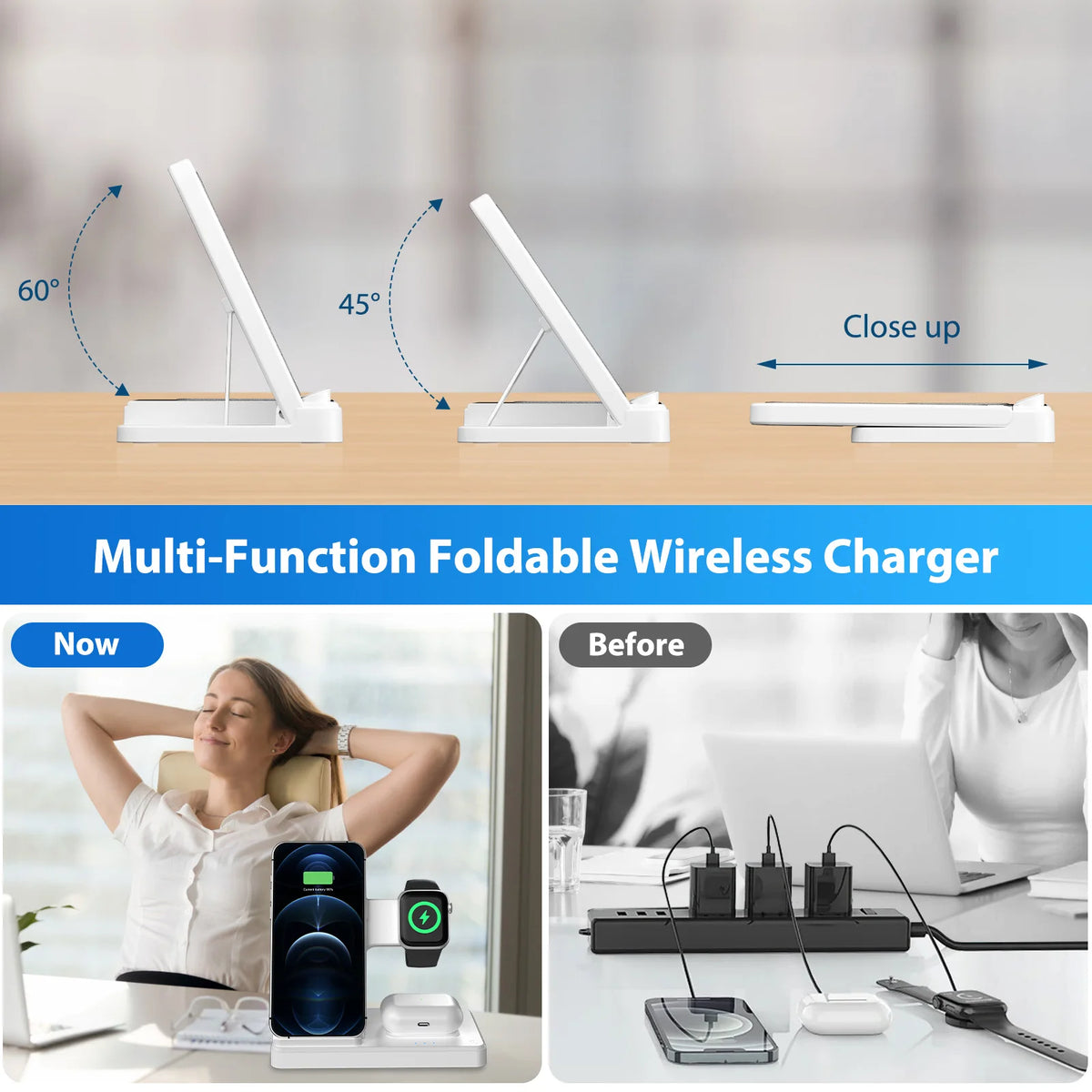 15W Magnetic Wireless Charger 3 In 1 Fast Charging Station Travel Foldable for Magsafe iPhone 1716/15/14 Apple Watch AirPods Pro