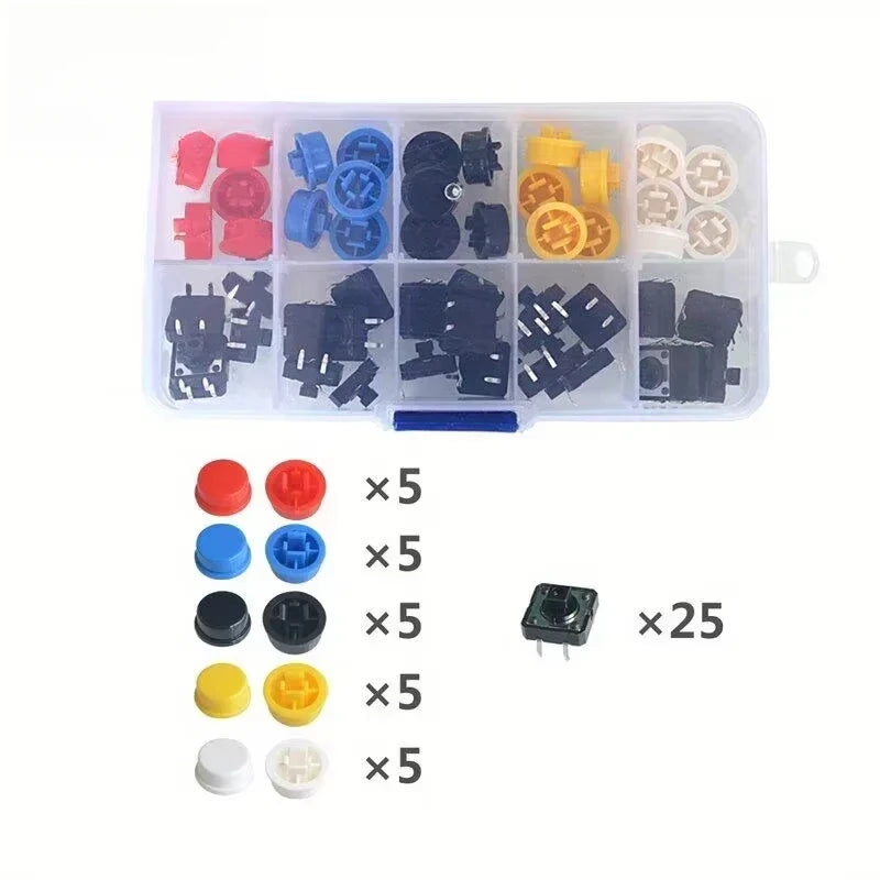 25Pcs 12*12*7.3MM Micro Switch Button Switch Momentary Tactile Push Button Switchs Circular 5 Colors Cap Kit DIY For Arduino