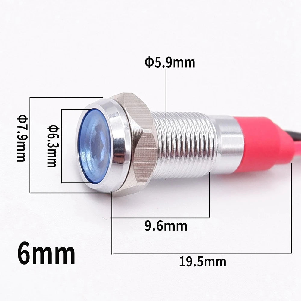 5pcs 6mm Metal Indicator Light LED Warning Signal Lamp Pilot With Wire 3V 5V 6V 12V 24V 220V Red Orange Blue Green White