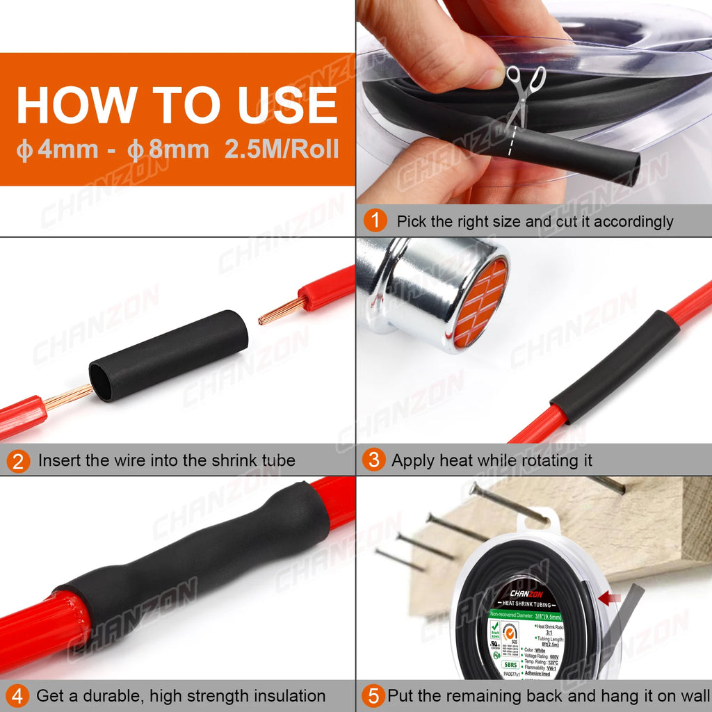 4:1 4mm - 52mm Heat Shrink Tubing With Glue Dual Wall Adhensive Lined Wire Tube Hose Black Waterproof Cable Sleeves 1.22M / 2.5M