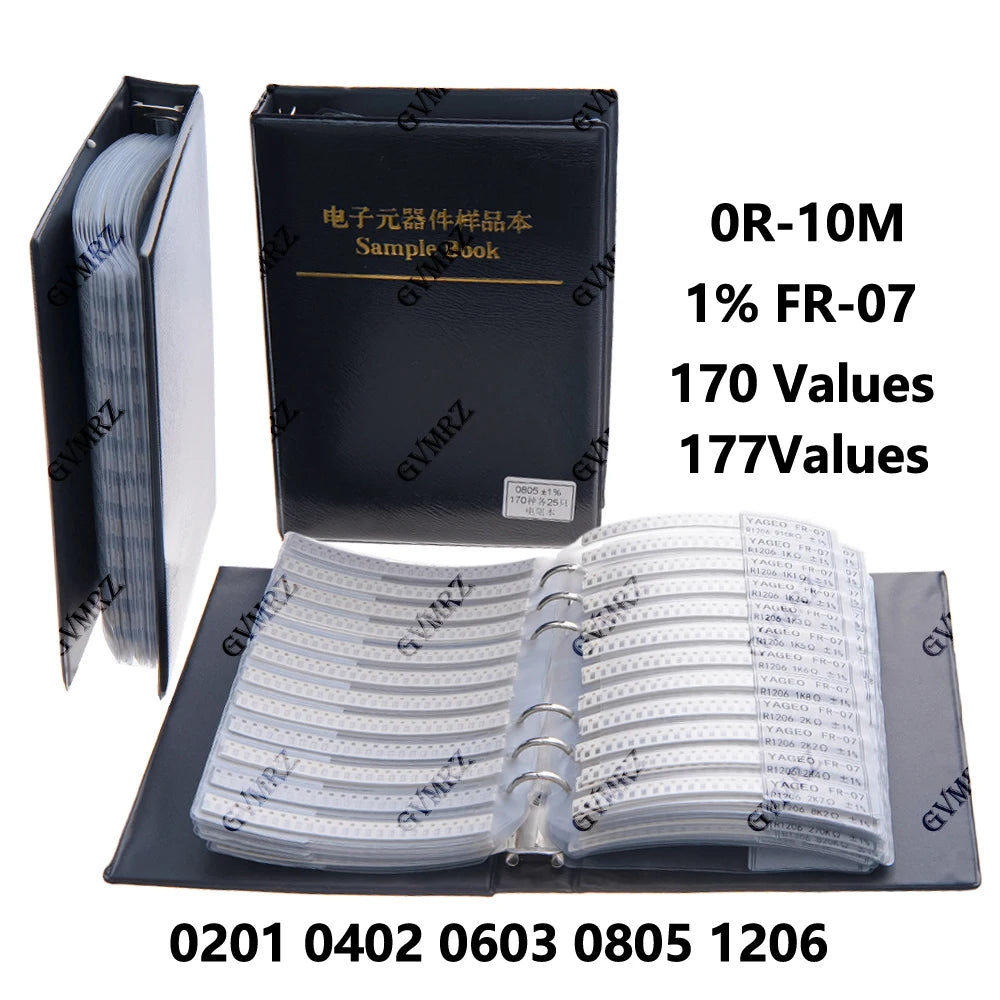 0201 0402 0603 Resistor Kit SMD Book Resistor Assortment Kit 0805 1206 1% FR-07 170 Values 0R-10M Smd DIY Sample Book