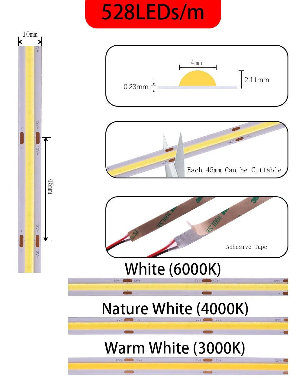 COB LED Strip Light Linear 8/10mm 480/528Leds/m soft Tape Warm Natural White Red Blue Green led lamp DC12/24V