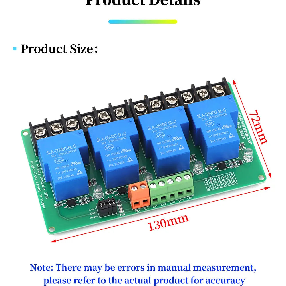 4-Channel Relay Module DC 5V/12V/24V High Low Level Triggers Smart Home PLC Automation Control 30A for Electronic Projects