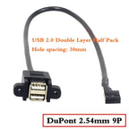 Motherboard 9-Pin to Dual Port USB 2.0 A Female With Ear Screw Hole Panel Data Extension Cable DuPont 2.0/2.54mm 9Pin Terminal