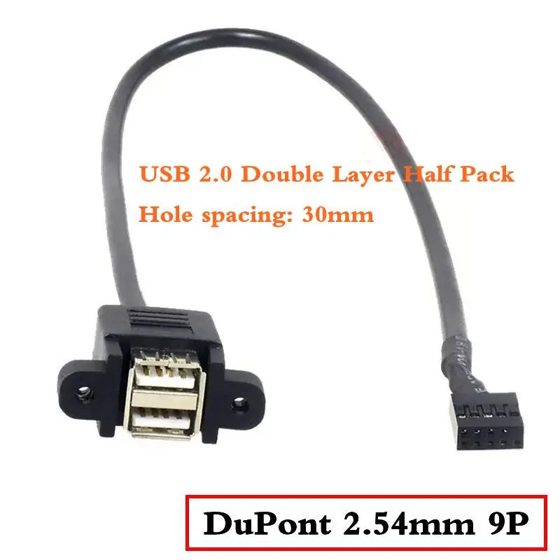 Motherboard 9-Pin to Dual Port USB 2.0 A Female With Ear Screw Hole Panel Data Extension Cable DuPont 2.0/2.54mm 9Pin Terminal