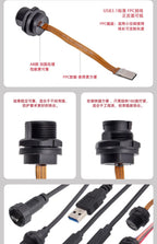 Threaded Type-C Waterproof Connector Cable IP67 Type-C Male Data Plug Wire F Outdoor Use USB 3.1 Solder Board Dual Female Socket