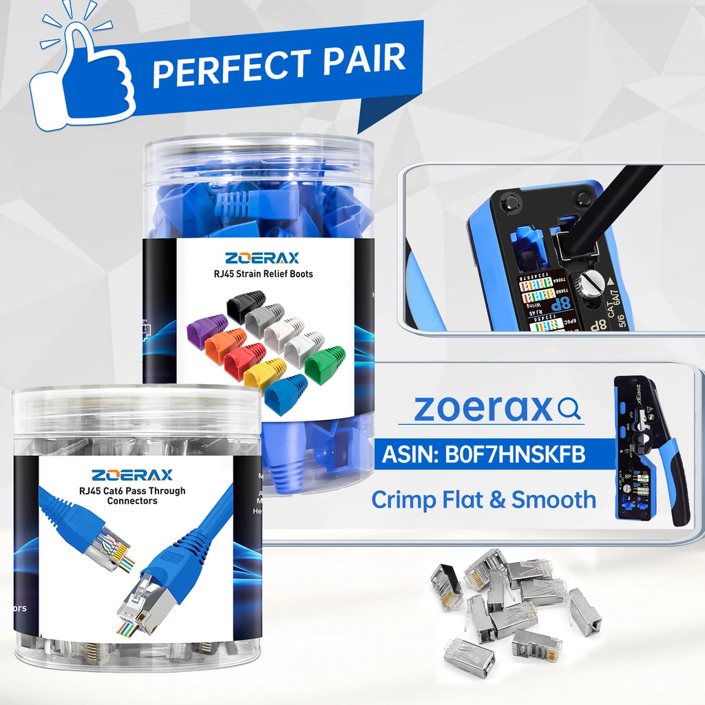 ZoeRax 100PCS Cat6 Pass‑Through RJ45 Connectors with Strain Relief Boots,STP Shielded RJ45 Modular Plugs for 23‑28AWG Ethernet Cable, Cat6/Cat5e Crimp Connector Kit
