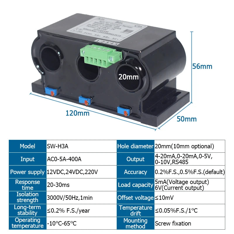 3ph AC Current Transmitter 4-20mA 0-20mA 0-5V 10V RS485 Output 3-phase Current Mutual Sensor Perforated Hall Current Transducer