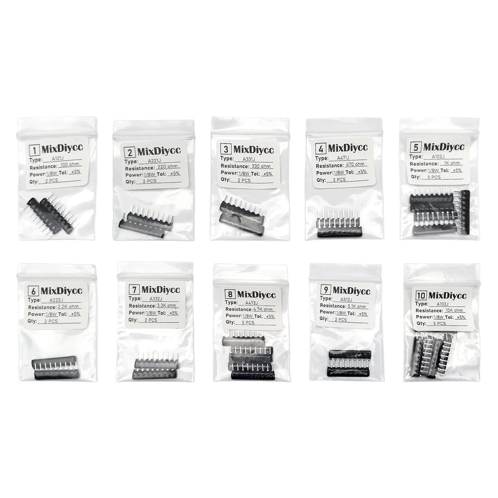 10 Values 9 Pin Radial Network Resistor Kit A101J A221J A331J A471J A102J A222J A332J A472J A512J A103J DIP Array Total 29 Pcs