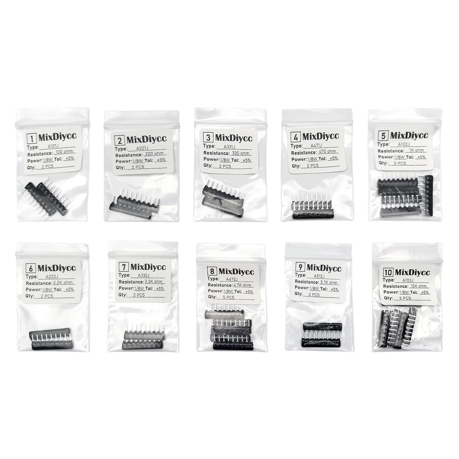 10 Values 9 Pin Radial Network Resistor Kit A101J A221J A331J A471J A102J A222J A332J A472J A512J A103J DIP Array Total 29 Pcs