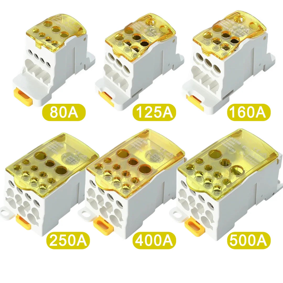 UKK 80A-500A High Current DIN Rail Power Distribution Block One Input Multiple Output Electrical Terminal Connector ```