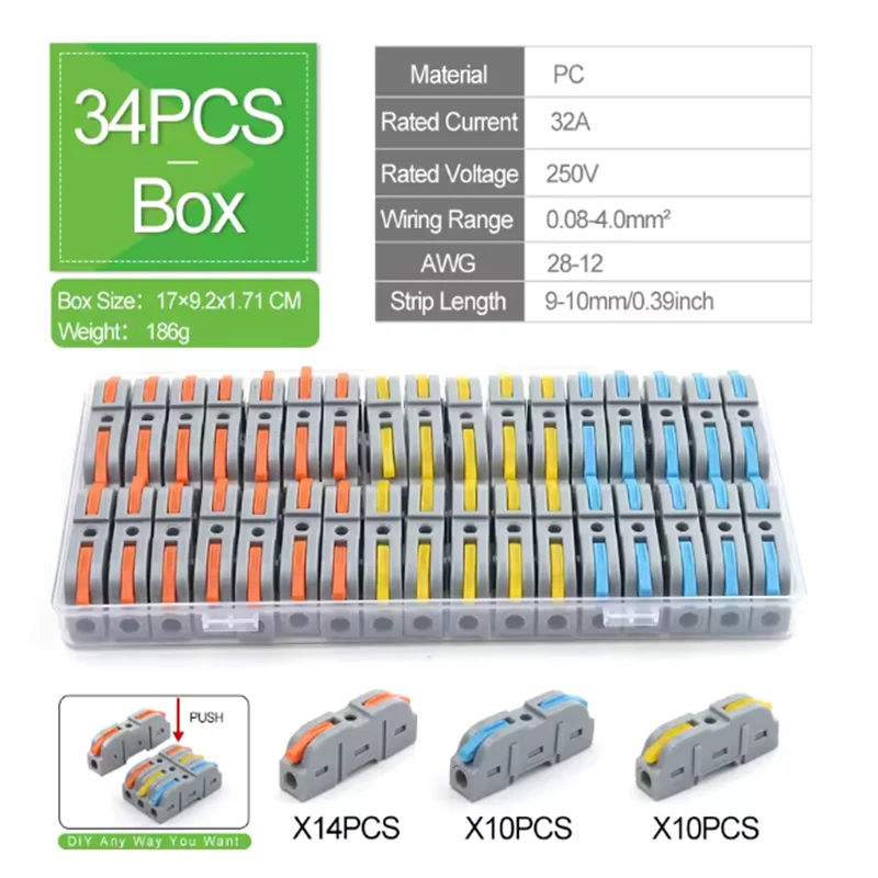 Boxed 34PCS Lever Quick Home Wire Connectors Terminals Conductor Spliceable Butt Wiring Block Reusable Electrical Connectors