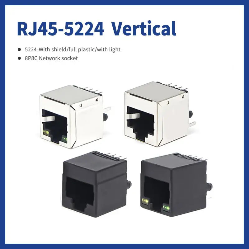 10pcs RJ45 Socket 5224-8P8C Network Cable Crystal Head Jack 180-degree Straight Female Sockets Shielded Network Port with Light