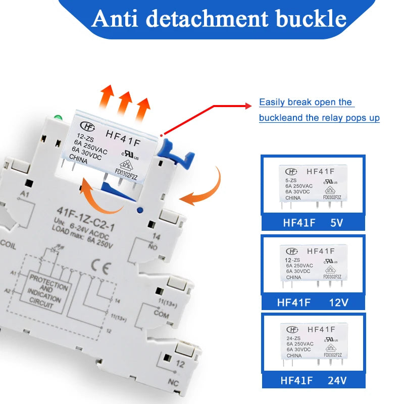 1PCS Slim Relay HF-41F 5V 12V 24V High Frequency Relay Base DIN Rail Relay 41F-5-ZS41F-12-ZS41F-24-ZS LED 6A